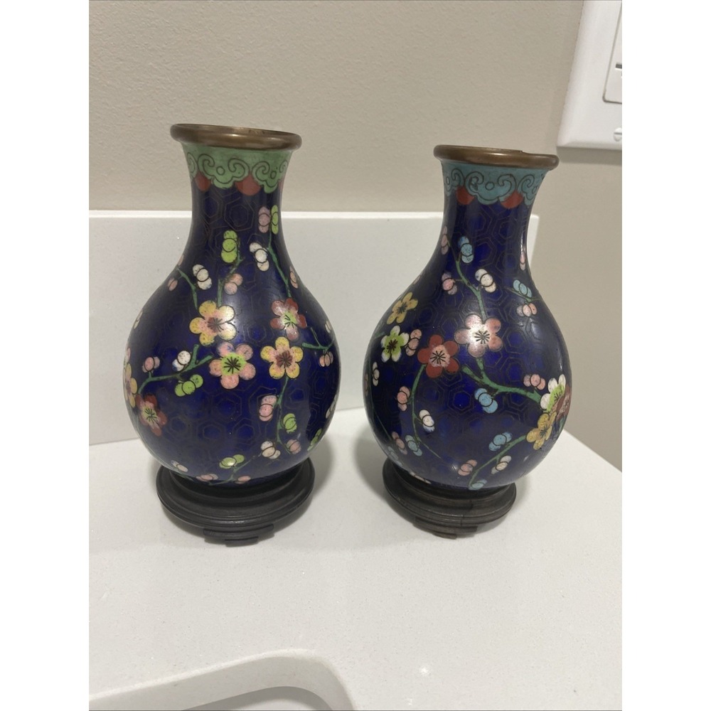 Pair 2 Chinese Cloisonne Cobalt Blue Cherry Blossom Floral‎ Enameled Vases 5.5"